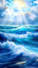 Fototapeta premium Serene Ocean Waves & Heavenly Rays - Celestial scenes