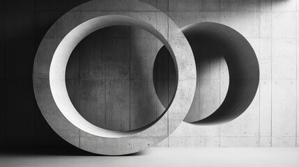 Two concrete circle structures set against a concrete wall