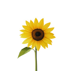 Fototapeta premium A single yellow sunflower with a green stem and a green leaf. The flower is the main focus of the image, and it is the only object in the picture. The image has a bright and cheerful mood