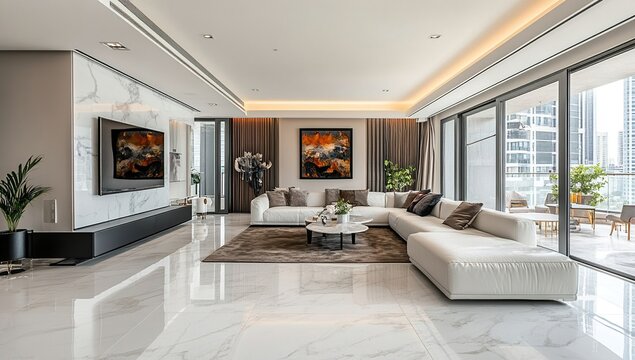 Modern Living Room Interior Design: Elegant White Sofa, Marble Floors, and City Views