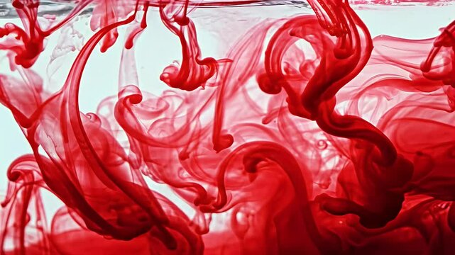 A high speed 4K camera capture red white ink droplets released water black background showcasing dynamic interaction liquids