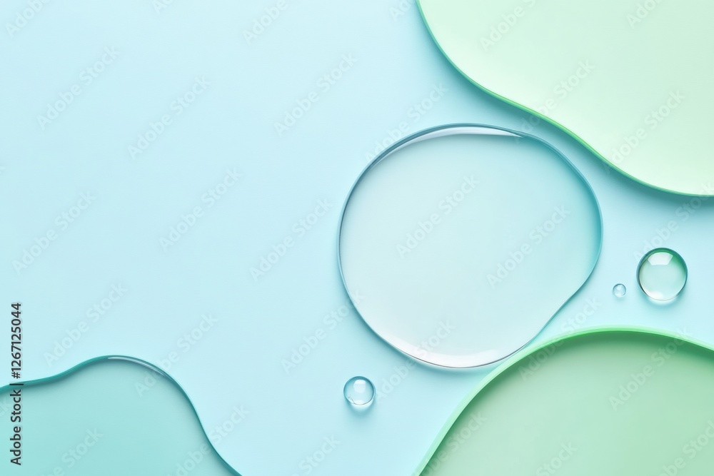 Poster droplets of clear water on smooth pastel colored surfaces creating a calming and serene ambiance. ge
