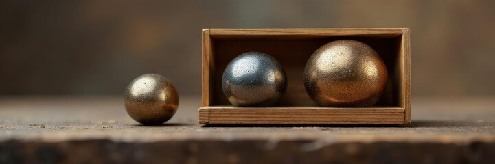 Three small metallic spheres of different sizes in a wooden case, earthy, natural, geometry
