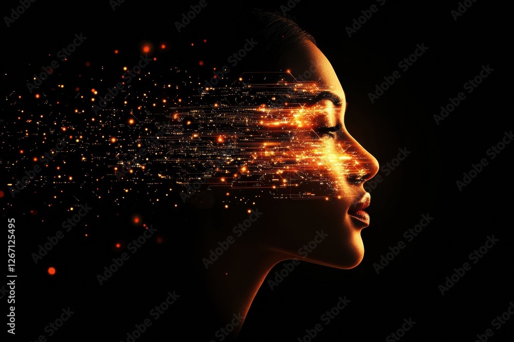 Poster human face merging with glowing digital circuits represents the fusion of technology and humanity in