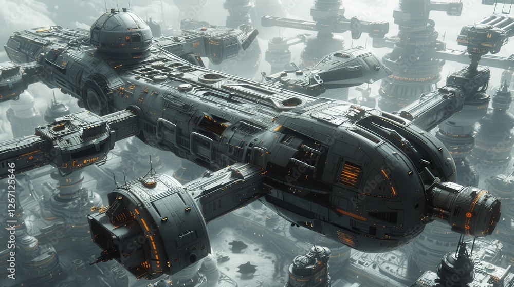 Poster futuristic space station in an advanced industrial setting with high-tech design elements and detail