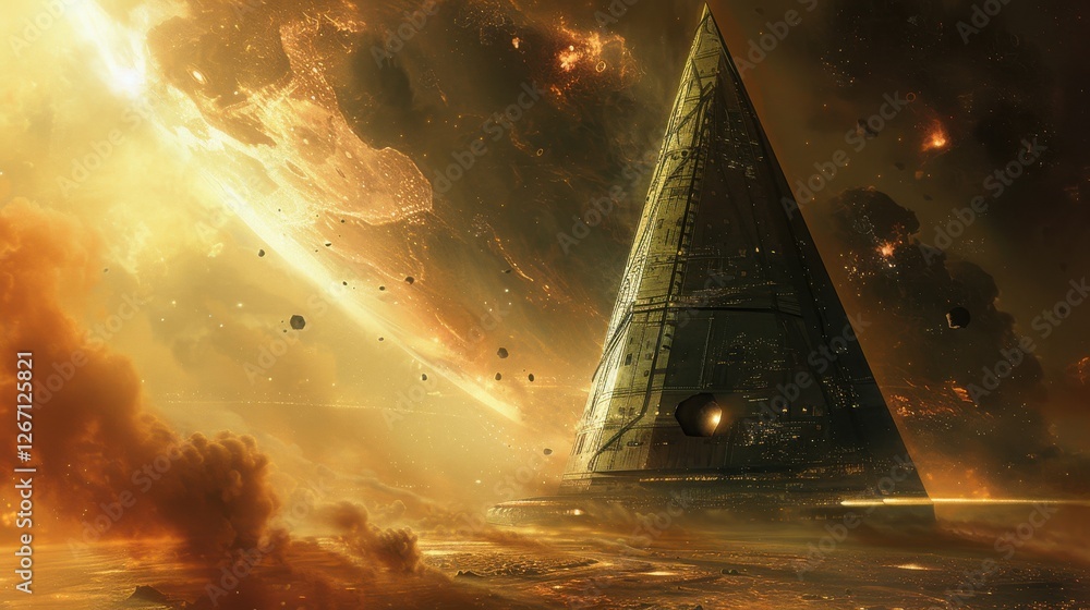 Poster futuristic pyramid structure in an expansive cosmic landscape with fiery elements and celestial wond