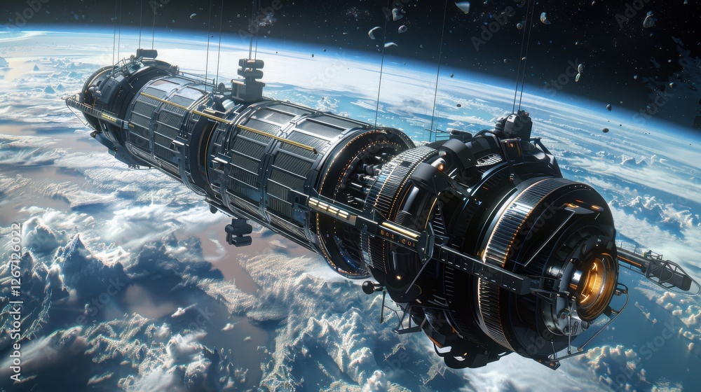 Poster futuristic space industry: detailed view of an upscale spaceship orbiting earth with dynamic cloud f