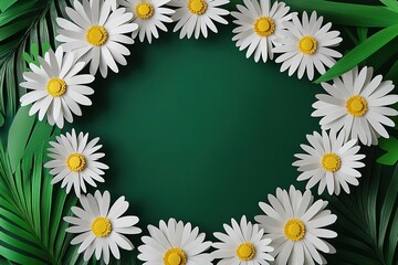 Fototapeta premium White Paper Daisies Frame a Vibrant Green Background