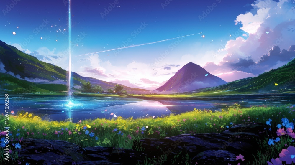 Poster A serene landscape featuring a tranquil lake, vibrant flowers, and majestic mountains under a colorful sky illuminated by a bright beam of light.