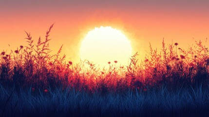 Fototapeta premium sunset on green grass field background