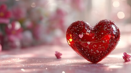 Fototapeta premium Sparkling red heart-shaped decoration surrounded by soft pink flowers and shimmering background