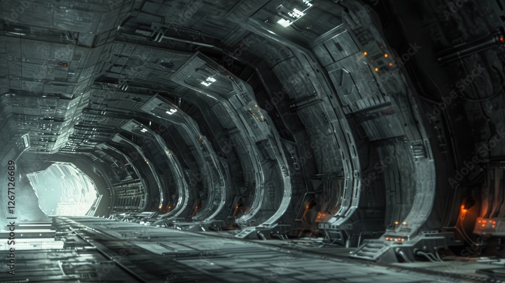 Poster futuristic industrial corridor with sleek design and high-tech elements in an upscale environment