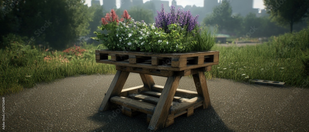 Poster wooden table with a planter on top in an empty warehouse with stacked euro pallets in the background