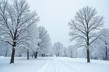 Snow-covered trees with bare branches against a gray sky, branches, trees