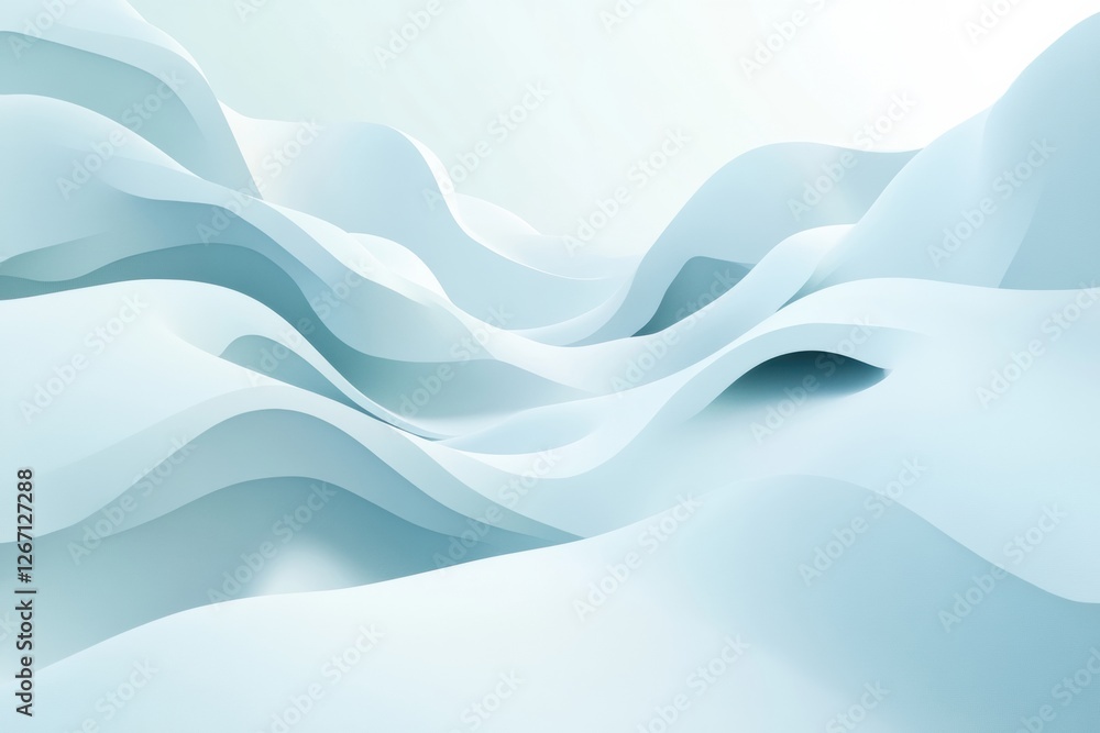 Poster Soft waves of white and light blue create a serene landscape in a minimalistic design. Generative AI