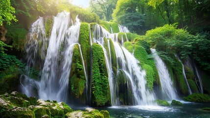 Fototapeta premium A cascading waterfall in a lush green forest.