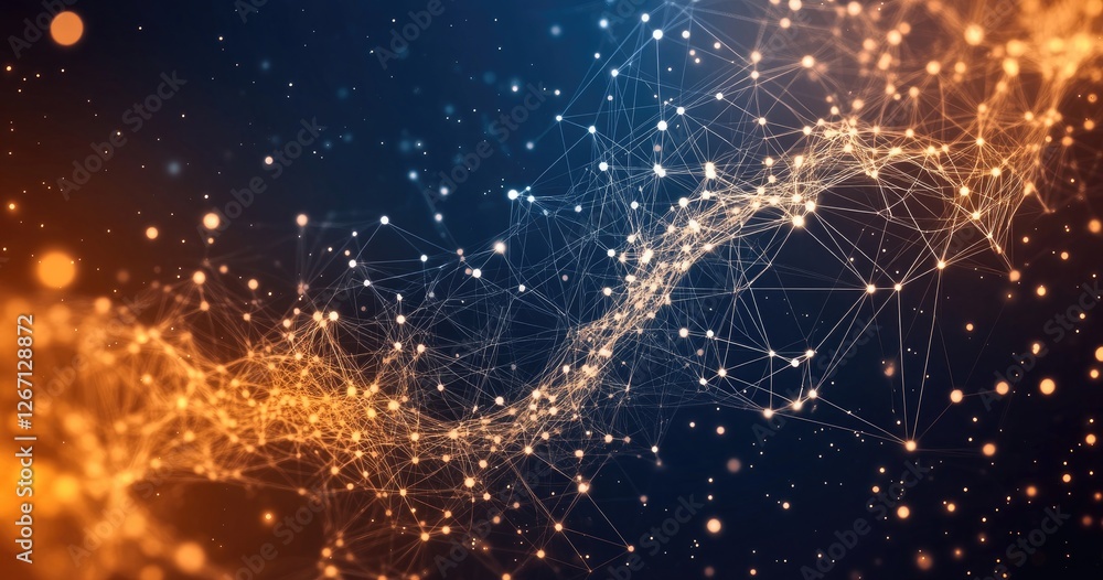 Poster abstract network data flow, glowing points, dark background, tech presentation