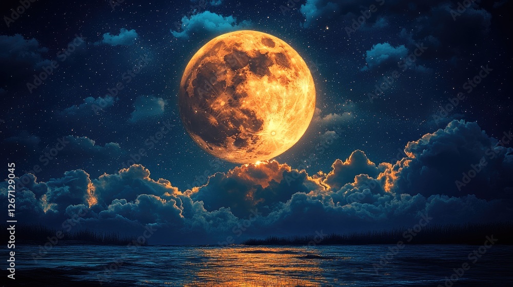 Wall mural Stunning full moon illuminating a serene ocean landscape with clouds and twinkling stars at night