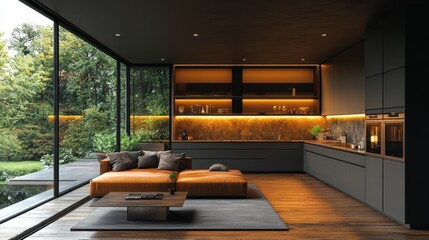 Modern Luxury Living Room with Open Kitchen and Stunning Garden View