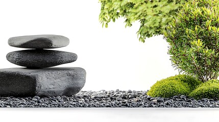 Tranquil Zen Garden with Stacked Stones, Green Shrubs, and Smooth Pebbles on White Background