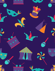 Brazilian Carnival, Music festival, Mardi gras, masquerade seamless pattern background, vector icon design.