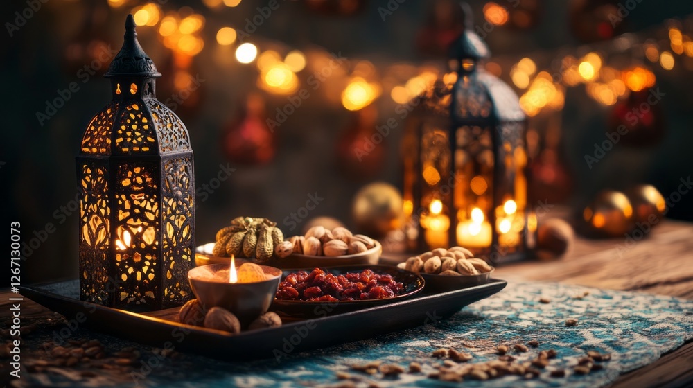 Aufkleber Delightful iftar spread highlights an array of nuts and dried fruits, beautifully arranged with glowing lanterns, creating a serene setting for Ramadan celebrations at sunset