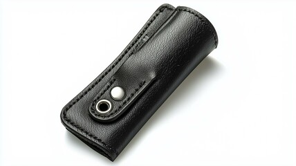 Photorealistic image of a black leather key pouch with a snap closure, isolated on a white background
