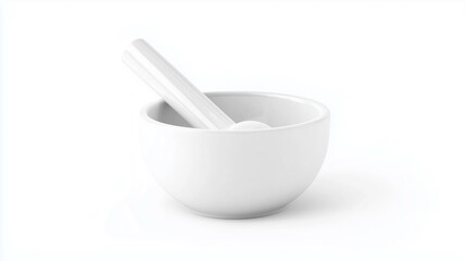 Ultra-realistic image of a white ceramic mortar and pestle, isolated on a white background
