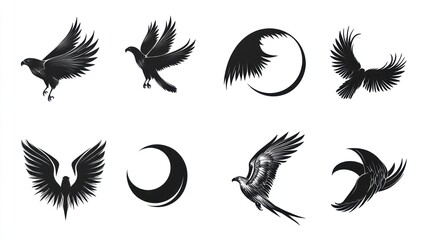 Obraz premium Eagle silhouettes, various poses, flight, white background, design elements