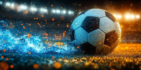 Fototapeta premium Soccer Ball on Fiery and Watery Field Under Stadium Lights
