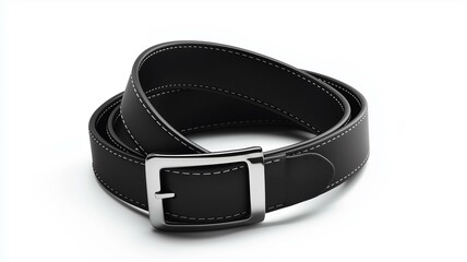 Ultra-realistic image of a black leather belt with a silver buckle, isolated on a white background
