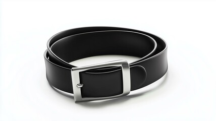 Ultra-realistic image of a black leather belt with a silver buckle, isolated on a white background
