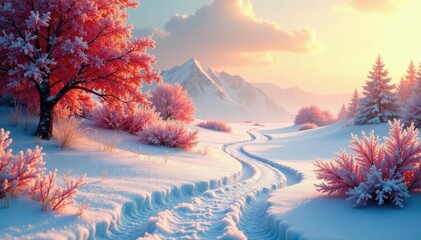 Naklejka premium Frosty winter landscape with red gold accents, red, frosty