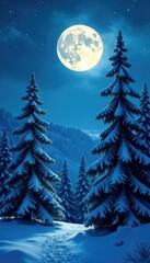 Fototapeta premium Frosty pine trees towering high under full moon light, landscape, night, peaceful