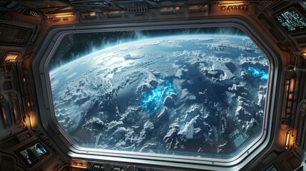Stunning View of Earth with Intricate Details from a Spacecraft Window, Showcasing Beautiful Blue Illumination and Cosmic Scenery