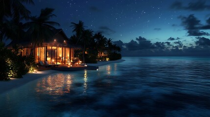 Serene beachfront villas illuminated at night, reflecting on calm waters under a starry sky.