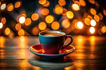 Dark background, warm light enhances a still life of coffee, creating a moody café atmosphere.