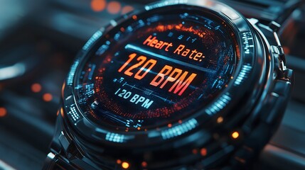 Futuristic smartwatch interface glowing with digital display, technological timepiece with modern design, cyberpunk wearable device in dark environment