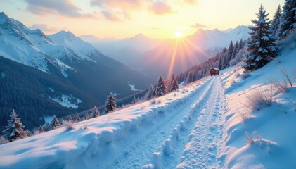 Frosty morning light on a snow-covered mountain trail, serene landscape, wintry landscape