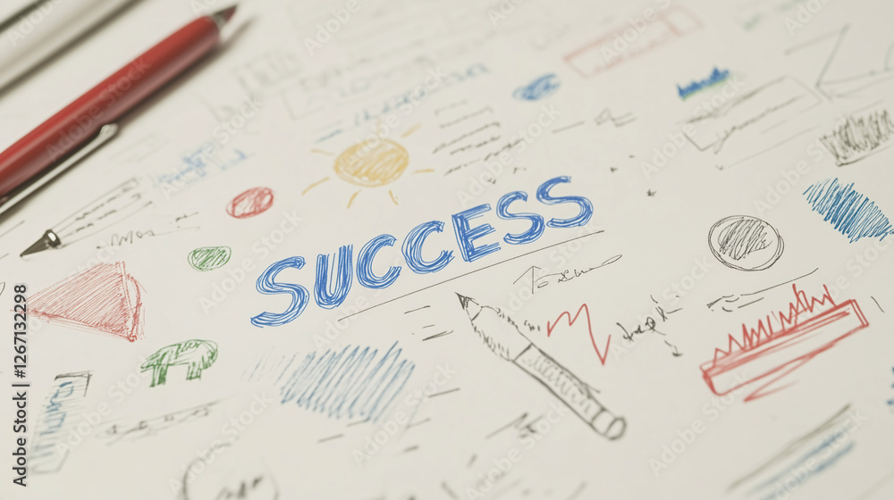 Poster the road to success: a close-up image of a notepad, filled with colorful sketches and scribbles. the
