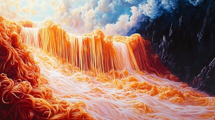 A Surreal Waterfall of Tangled Orange and White Strings Against a Dramatic Sky