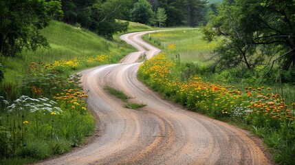 Fototapeta premium A winding dirt road goes through a green forest.