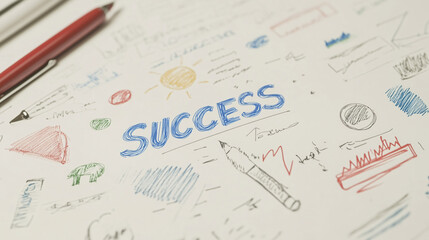 The Road to Success: A close-up image of a notepad, filled with colorful sketches and scribbles. The word "SUCCESS" is prominently written in blue ink.