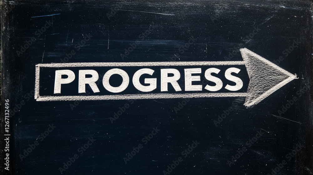Poster progress arrow sign: a weathered dark gray chalkboard features a hand-drawn white arrow pointing rig