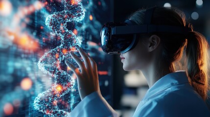 Woman using virtual reality glasses in a futuristic biotech laboratory setting with researchers present