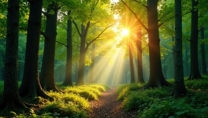 Fototapeta premium Forest canopy bathed in warm sunlight filtering through the trees, leaves, forest, landscape