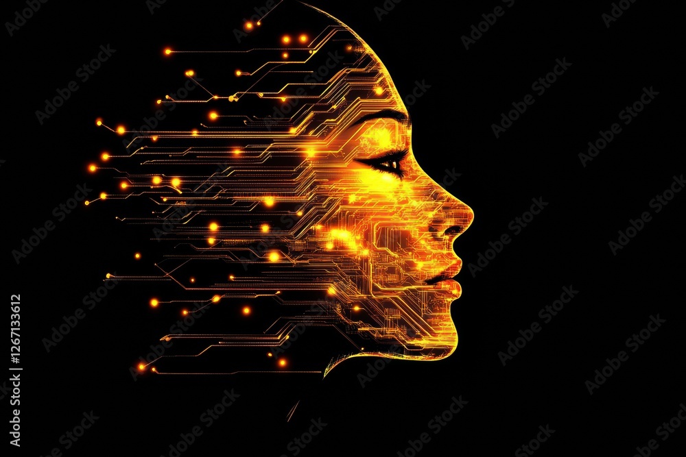 Poster Human face merges with glowing digital circuits creating a futuristic representation of technology and humanity. Generative AI