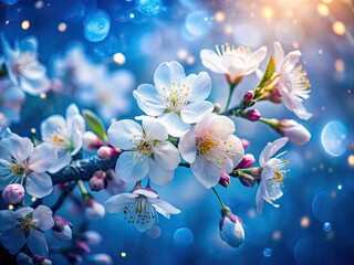 Double exposure artistry captures vibrant cherry blossoms against a serene blue spring sky.