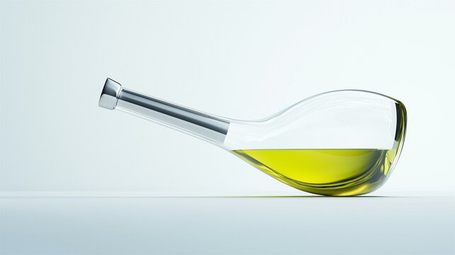 Ultra-realistic image of a clear glass olive oil pourer with a stainless steel spout, isolated on a white background

