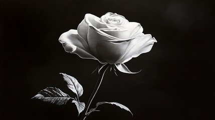 Single White Rose with Stem and Leaves Against a Black Background